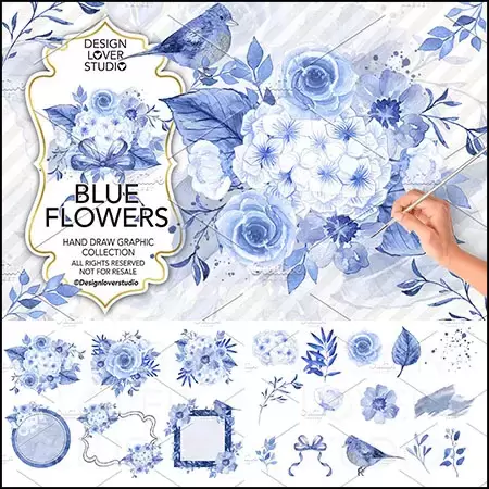 蓝色水彩花卉环圈花环剪贴画PNG免抠图插图