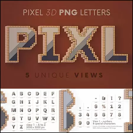 英文字母和数字符号像素化3D几何艺术字PNG免抠图插图