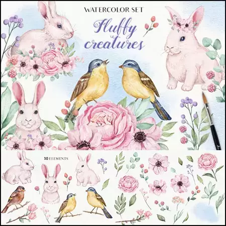 30款可爱动物兔子小鸟和水彩花卉PNG免抠图插图