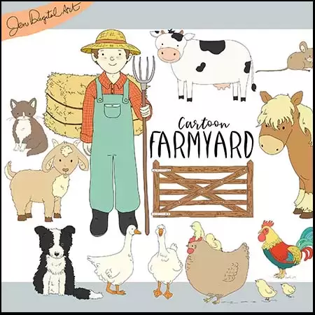 手绘数字卡通农场农夫和动物PNG免抠图像插图