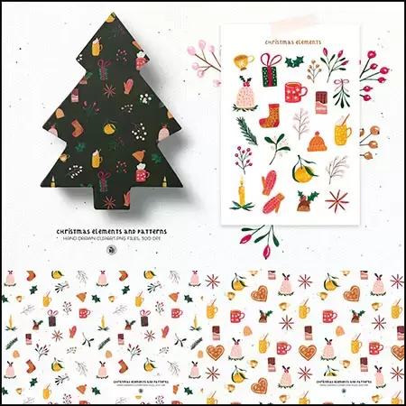 手绘圣诞节新年元素和图案背景PNG免抠图插图