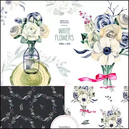 24款白色水彩花卉背景花圈画框PNG免抠图插图