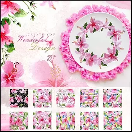 粉红色水彩芙蓉花卉PNG剪贴画插图