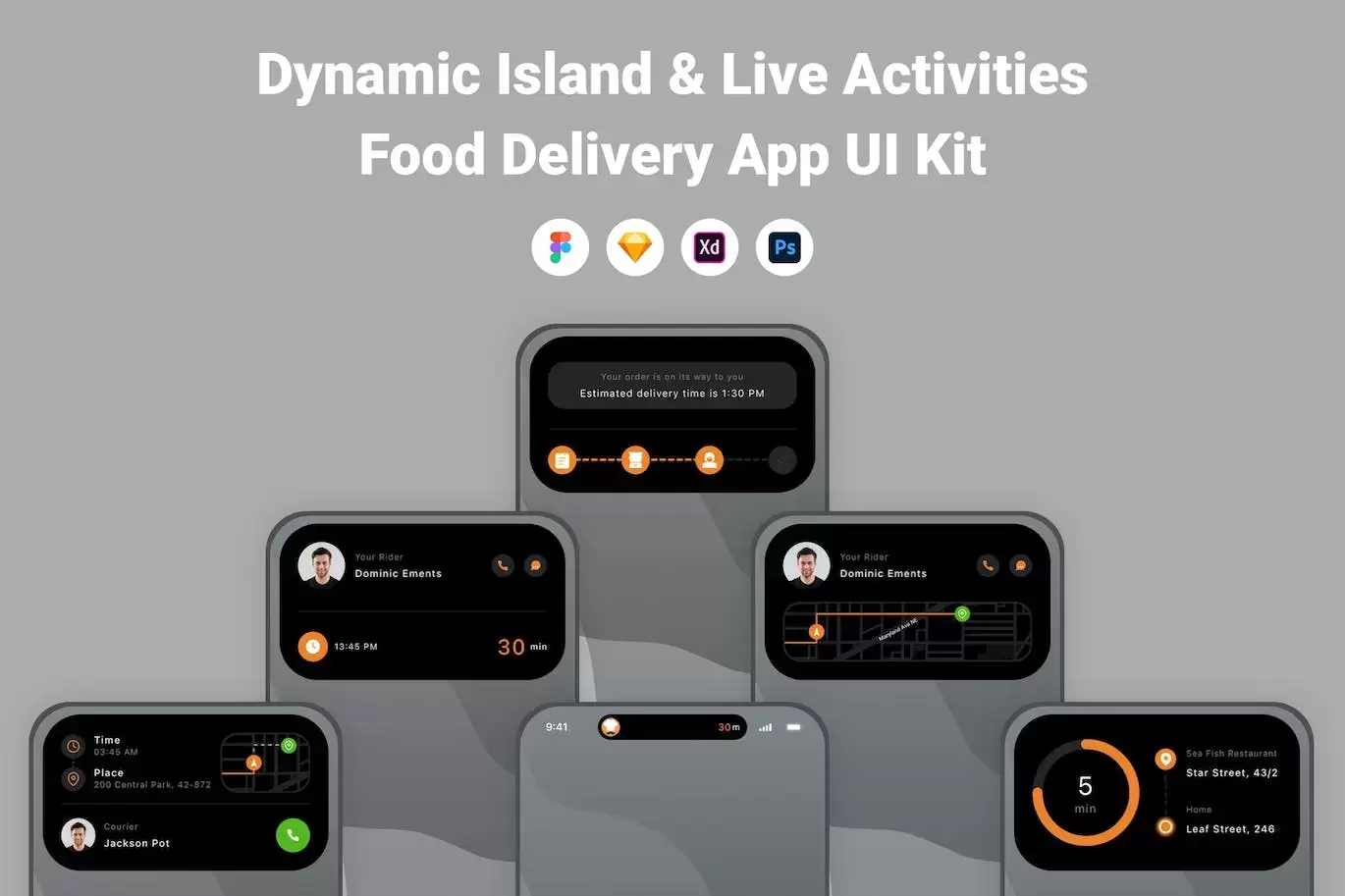 动态岛和现场活动食物配送用户界面APP UI KIT (FIG,SKETCH,XD,PSD)免费下载
