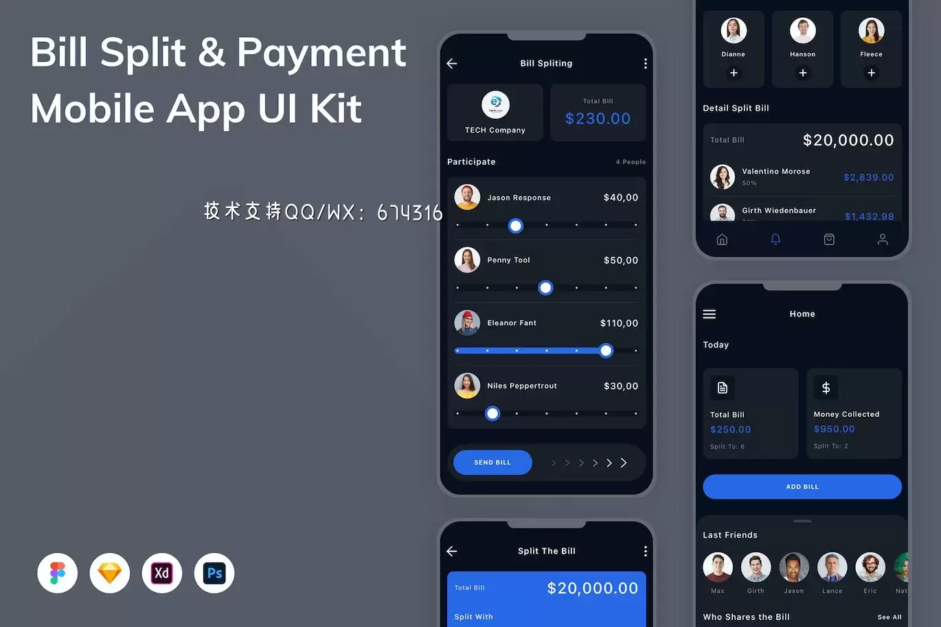 账单拆分和支付移动应用 APP UI KIT (FIG,PSD,SKETCH,XD)免费下载