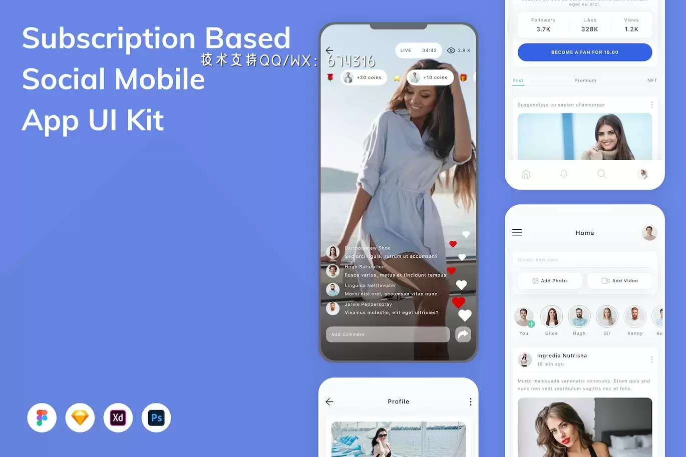 基于订阅的社交 App UI Kit (FIG,PSD,SKETCH,XD)免费下载