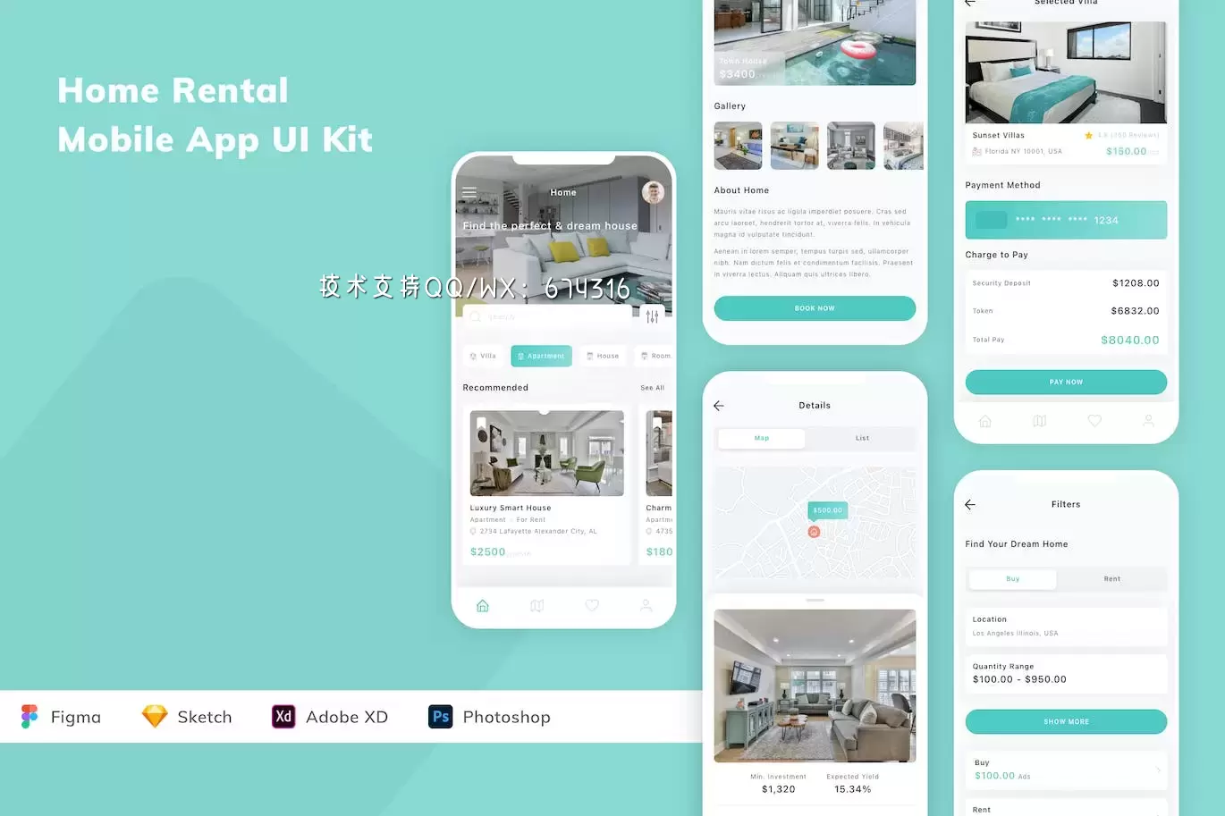 房屋租赁 App UI Kit (FIG,PSD,SKETCH,XD)免费下载