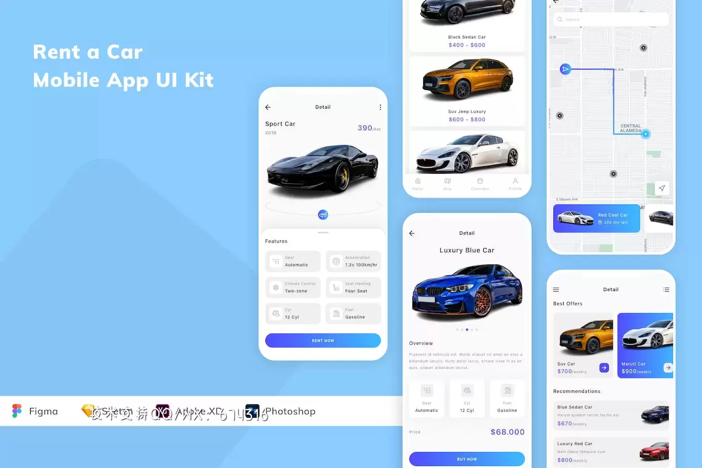 专业好用的高品质时尚高端清新租车移动应用程序APP UI KITS-FIG, PSD, SKETCH, XD免费下载