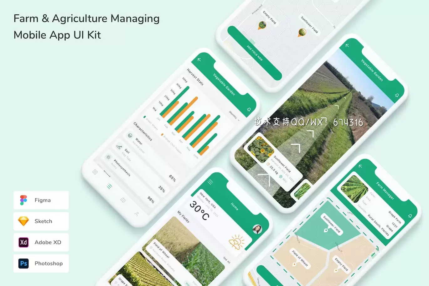 农场和农业管理移动应用程序UI套件APP UI KIT (FIG,PSD,SKETCH,XD)免费下载