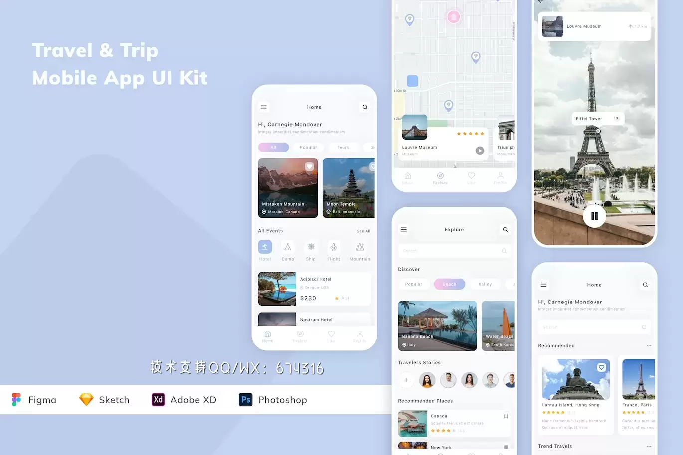 Travel & Trip Mobile App UI Kit (FIG,PSD,SKETCH,XD)免费下载