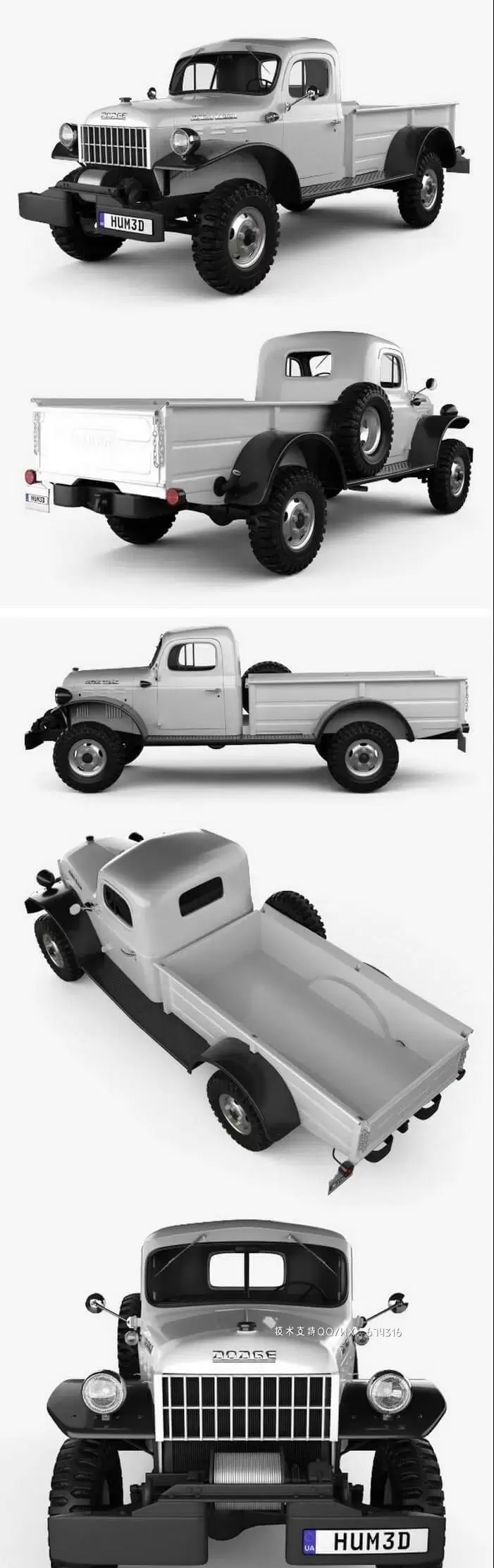 道奇 Power Wagon 1946 复古越野车3D模型下载 (MAX,3DS,FBX,OBJ,C4D,LWO)免费下载