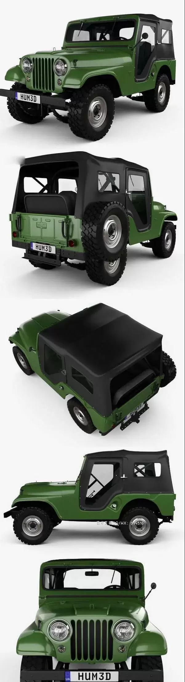 吉普 jeep CJ-5 1954 经典款越野车汽车3D模型下载 (MAX,3DS,FBX,OBJ,C4D,LWO)插图