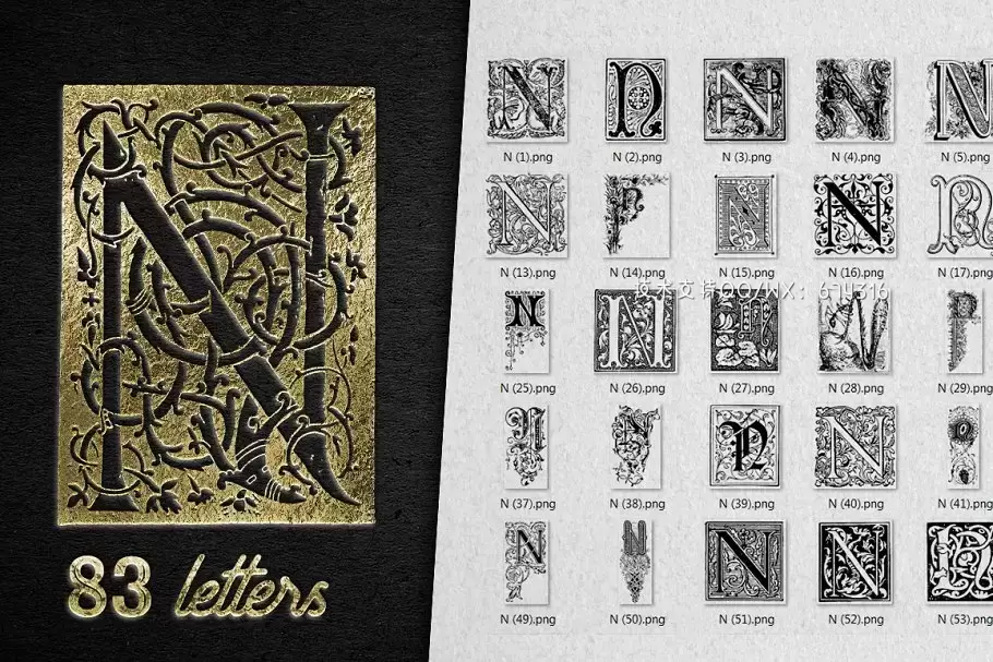 复古字母N装饰字母艺术字设计 Vintage Letter N Decorative Alphabet插图