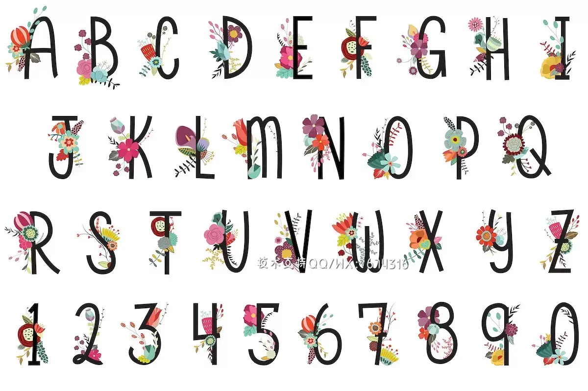 可爱的数字花卉字体包 Floral Letters & Numbers Vector, PNG免费下载