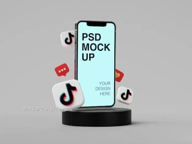 Tiktok 3D图标装饰苹果手机样机模板[psd]免费下载