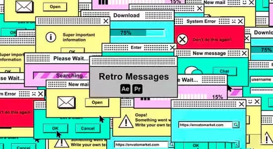 12组复古风格Windows弹窗图形动画AE/PR模板 Retro Messages