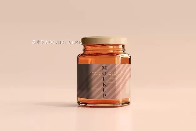 琥珀色蜂蜜玻璃瓶标签包装设计样机模板[psd]免费下载