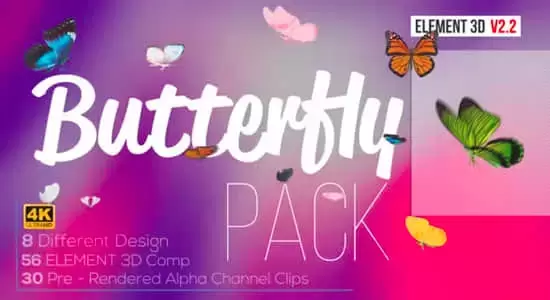 AE模板-使用E3D制作三维逼真蝴蝶拍打翅膀飞舞动画 Butterfly Pack – Element 3D