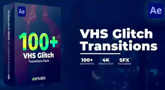 100种复古录像带故障干扰信号干扰损坏视频转场预设AE/PR模板 VHS Glitch Transitions
