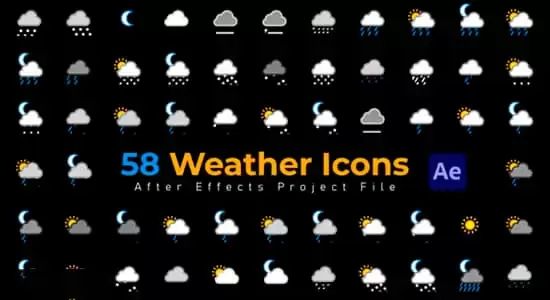 AE模板-58个扁平化阴晴雨雪天气预报图标动画 Weather Icons