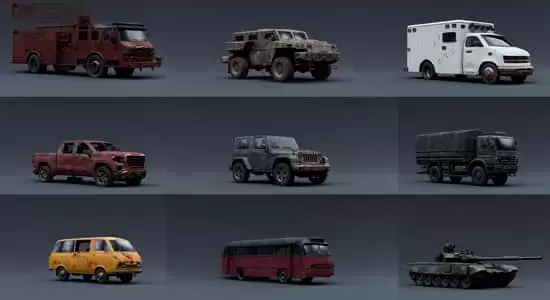 陈旧卡车吉普大巴面包车驾驶汽车3D模型Blender/FBX/OBJ格式