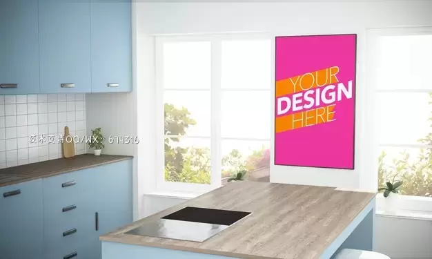 蓝色厨房场景框架海报样机[psd]免费下载插图