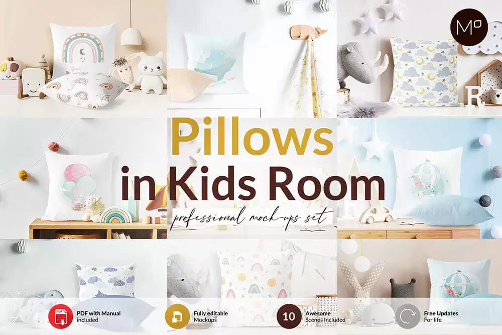 儿童房间场景枕头图案设计样机[1.19GB,PSD]免费下载插图