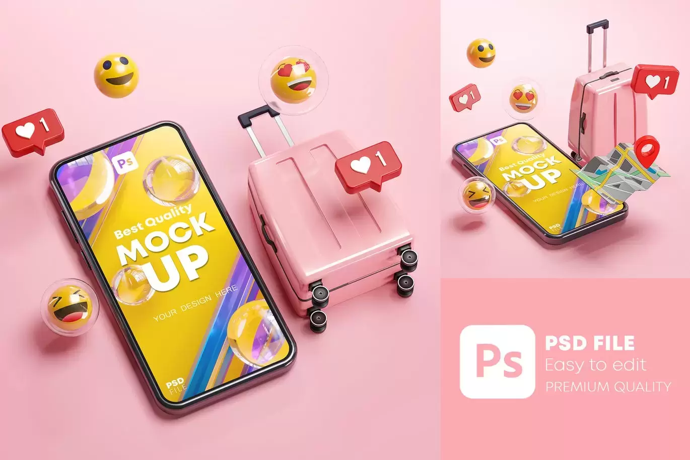 高品质的粉色手提箱手机APP UI样机展示模型mockups免费下载插图