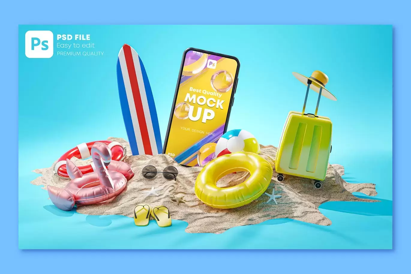 时尚高端清新夏天海滩游泳手机APP UI样机展示模型mockups免费下载插图