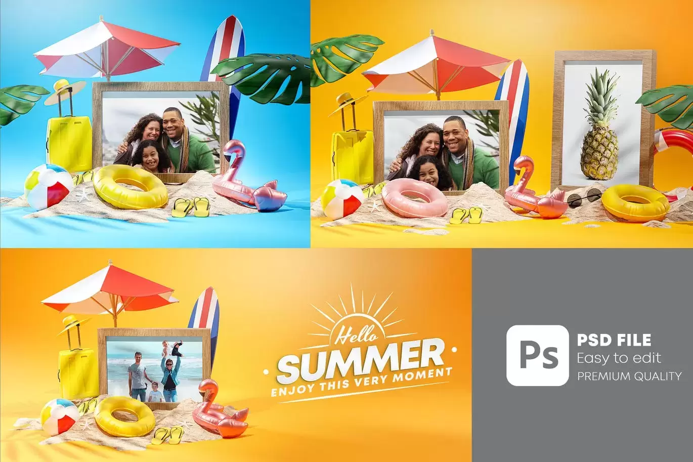 时尚清新高端多用途的夏季海滩相框渡假场景VI样机展示模型mockups免费下载插图