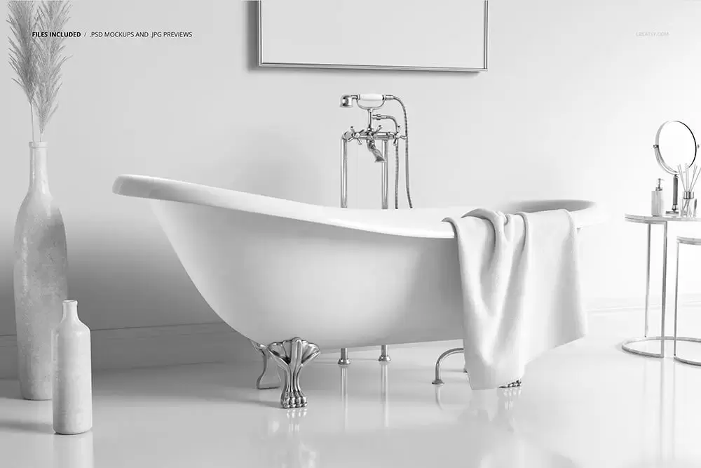 浴室浴盘场景墙壁墙纸图案设计样机 (psd)免费下载插图3