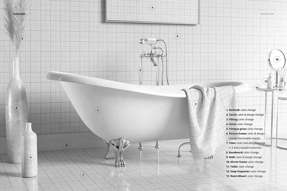 浴室浴盘场景墙壁墙纸图案设计样机 (psd)免费下载插图2