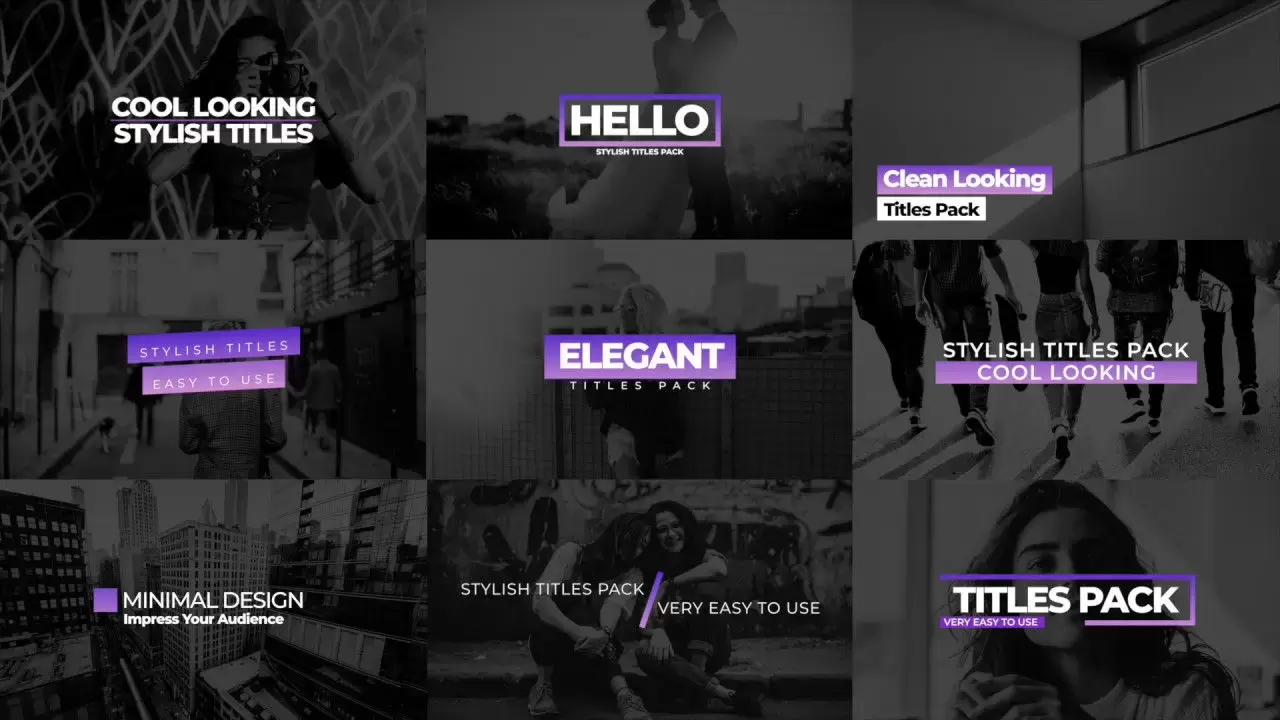AE模板紫色系列时尚动态文字标题合集包视频下载-附音频
