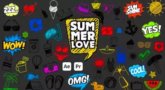 AE/PR模板-68个卡通可爱手绘线条涂鸦艺术创作图形动画 Summer Scribble Icons插图