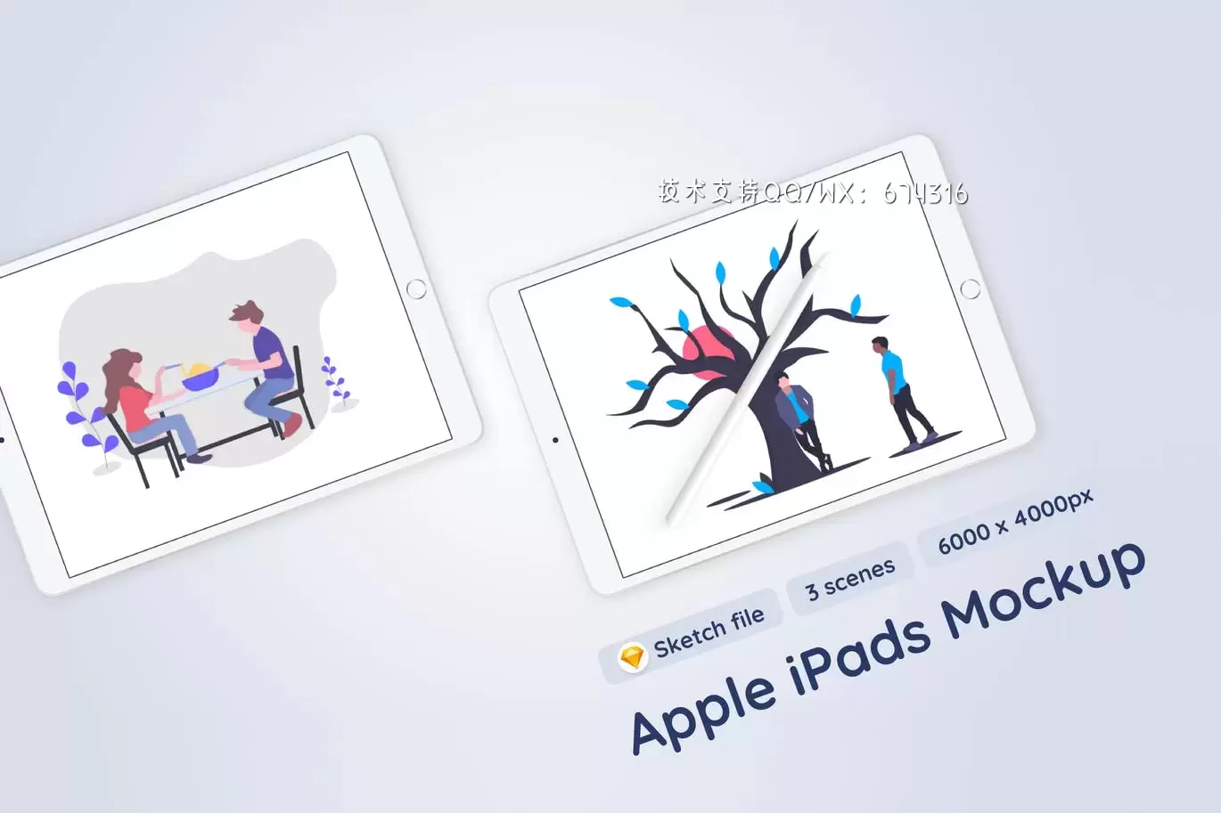 带Apple Pencil样机的Apple iPad-3个APP UI场景样机展示模型mockups免费下载