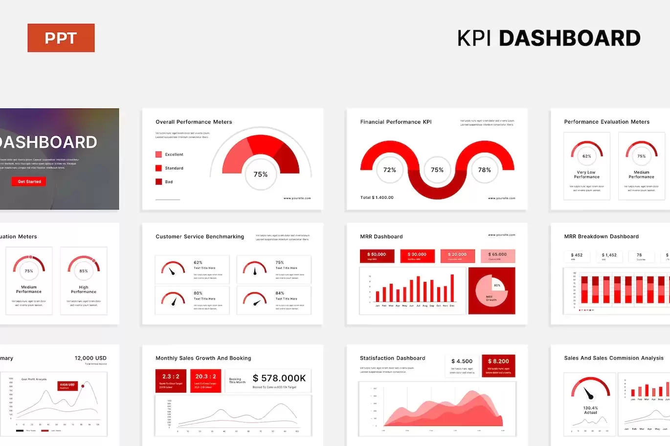 极简白红 KPI 仪表板演示PPT模版 (PPTX,PPT)免费下载