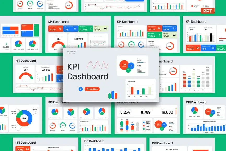 红蓝色现代 KPI 仪表板模板PPT模版 (PPT,PPTX)免费下载