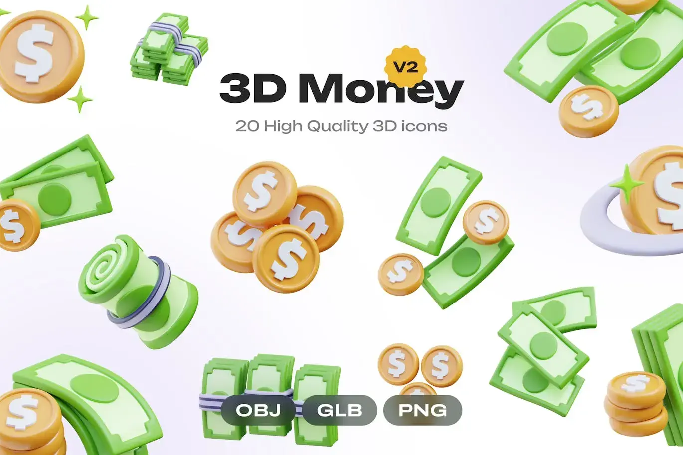 💰3D 金钱图标卷。 2 (PNG,obj)免费下载