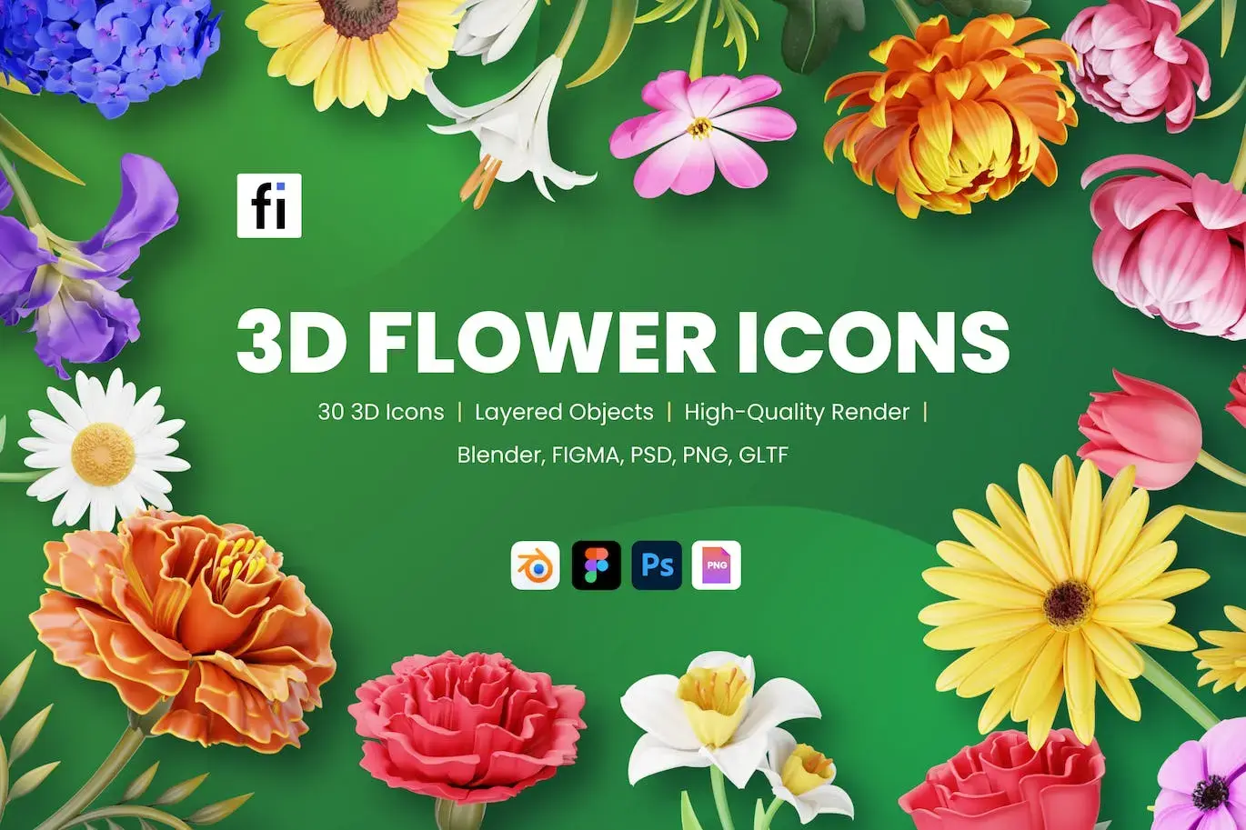 Blender花卉3D模型图标合集(FIG,PNG,PSD,Blend)免费下载