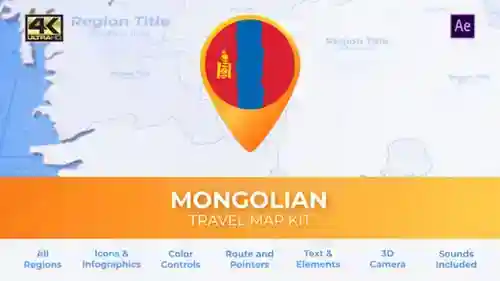 带有路线信息图表的蒙古动画旅行地图套件Map位置和地理AE视频